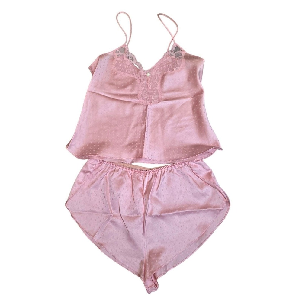 Vintage 80s Victoria's Secret Gold Label Pink Satin Lace Cami Pajama Set Small